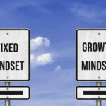 Signs showing the direction for a fixed mindset and a growth mindset.